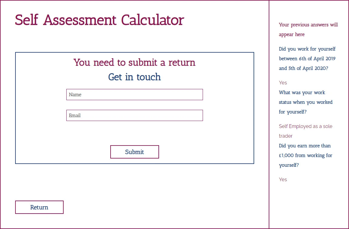 Self assessment contact form