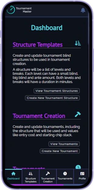 The dashboard shown on a mobile phone display