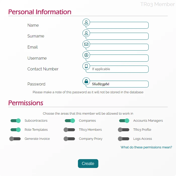 The form for a new admin, showcasing the permission section