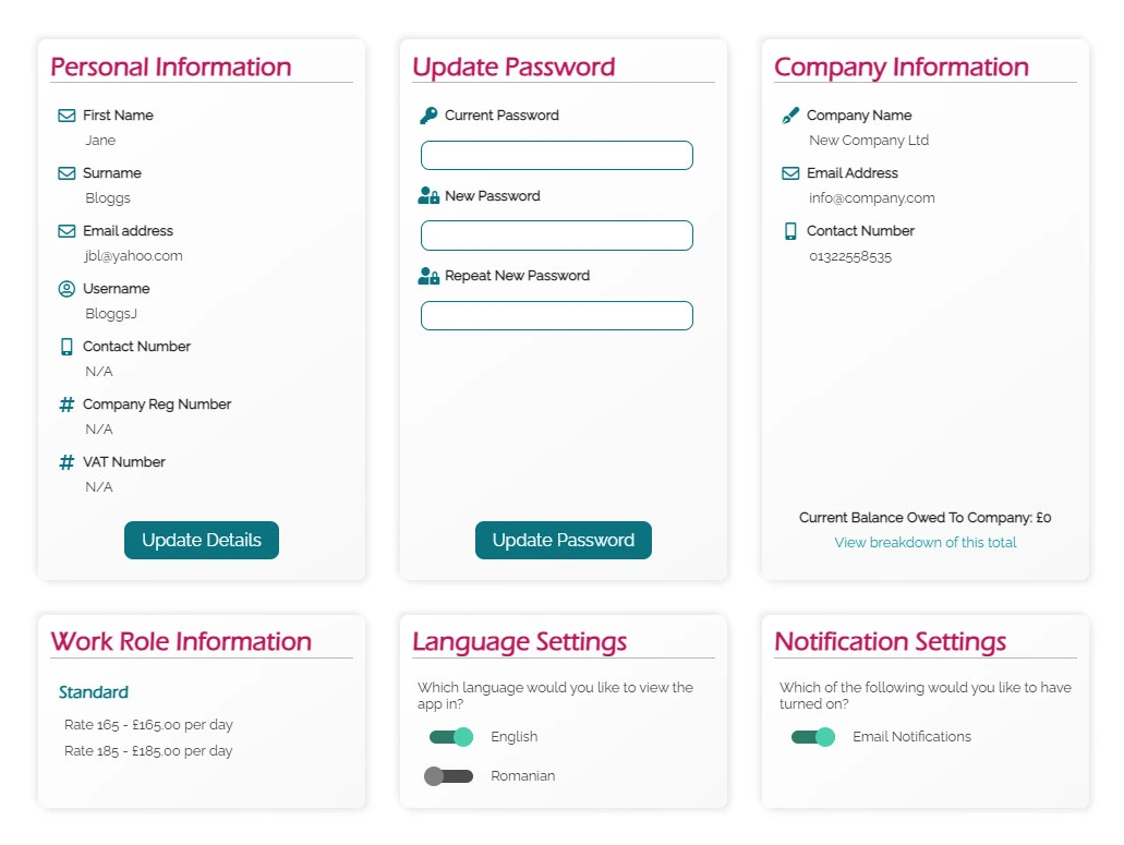 A users profile page, including the ability to switch their language