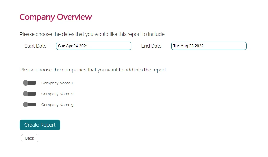 Choosing the start and end date for reports for a company